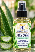 Heaven's Glow Aloe Halo Moisturizing Body Oil Spray – 2 fl oz bottle shown in a styled product image