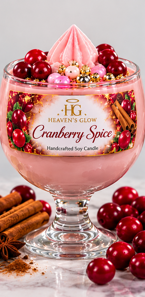 AI-styled illustrative product image for Heaven's Glow Cranberry Spice candle; details may differ from the actual candle
