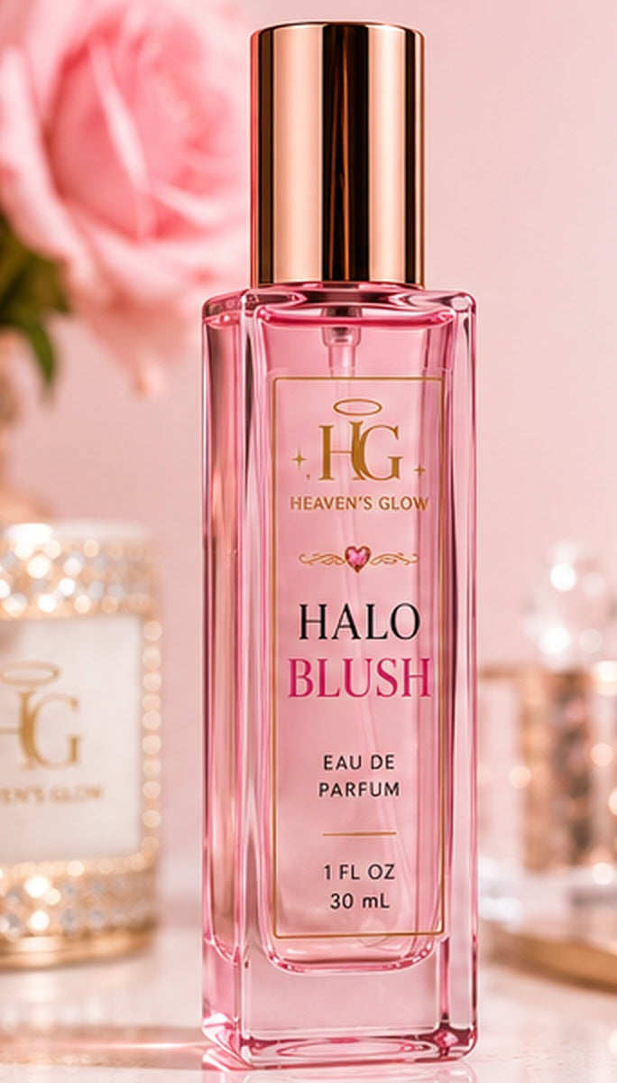 Halo Blush Eau de Parfum 30 mL, pink rectangular bottle and rose-gold cap, image from Heaven's Glow design board