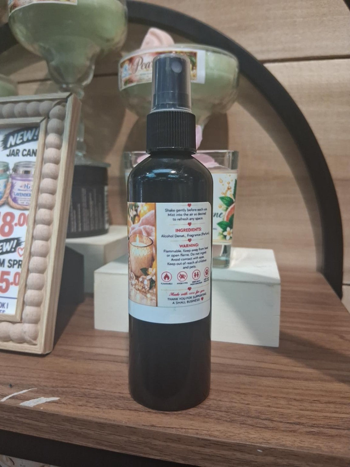 Back label of Heaven’s Glow Lemon Drop Luxury Room Mist 4 fl oz showing directions, ingredients and flammability warning