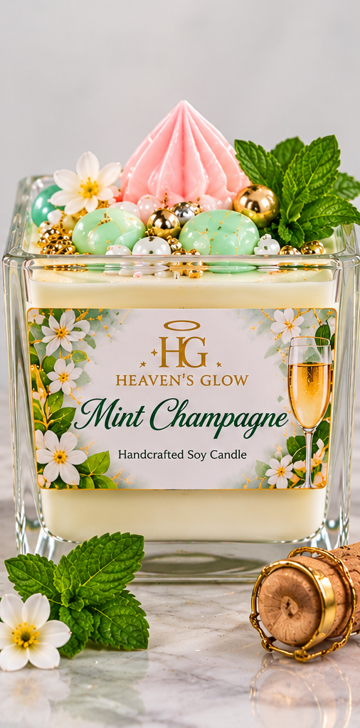 AI-styled illustrative product image for Heaven's Glow Mint Champagne candle; details may differ from the actual candle