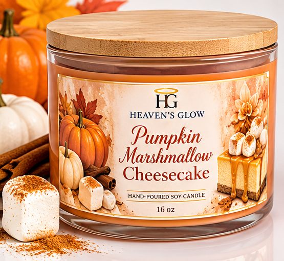 AI-styled illustrative mockup of Heaven's Glow Pumpkin Marshmallow Cheesecake candle, closed view; actual product may differ