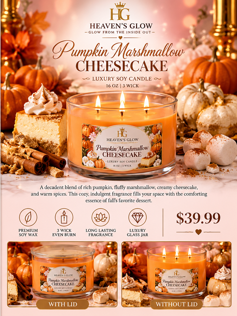 AI-styled promotional illustration of Pumpkin three-wick candle, inspired by the real glass vessel. Actual product differs from artwork.