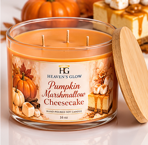 AI-styled illustrative mockup of Heaven's Glow Pumpkin Marshmallow Cheesecake candle, open view; actual product may differ