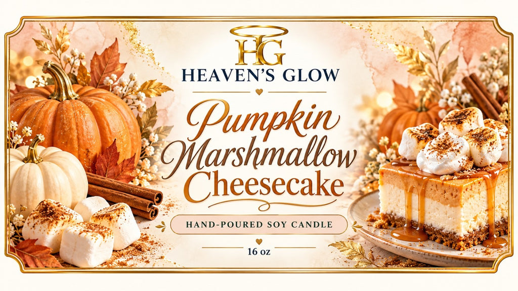 Heaven's Glow Pumpkin Marshmallow Cheesecake 16 oz candle label artwork