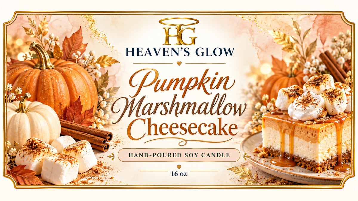 Heaven's Glow Pumpkin Marshmallow Cheesecake 16 oz candle label artwork