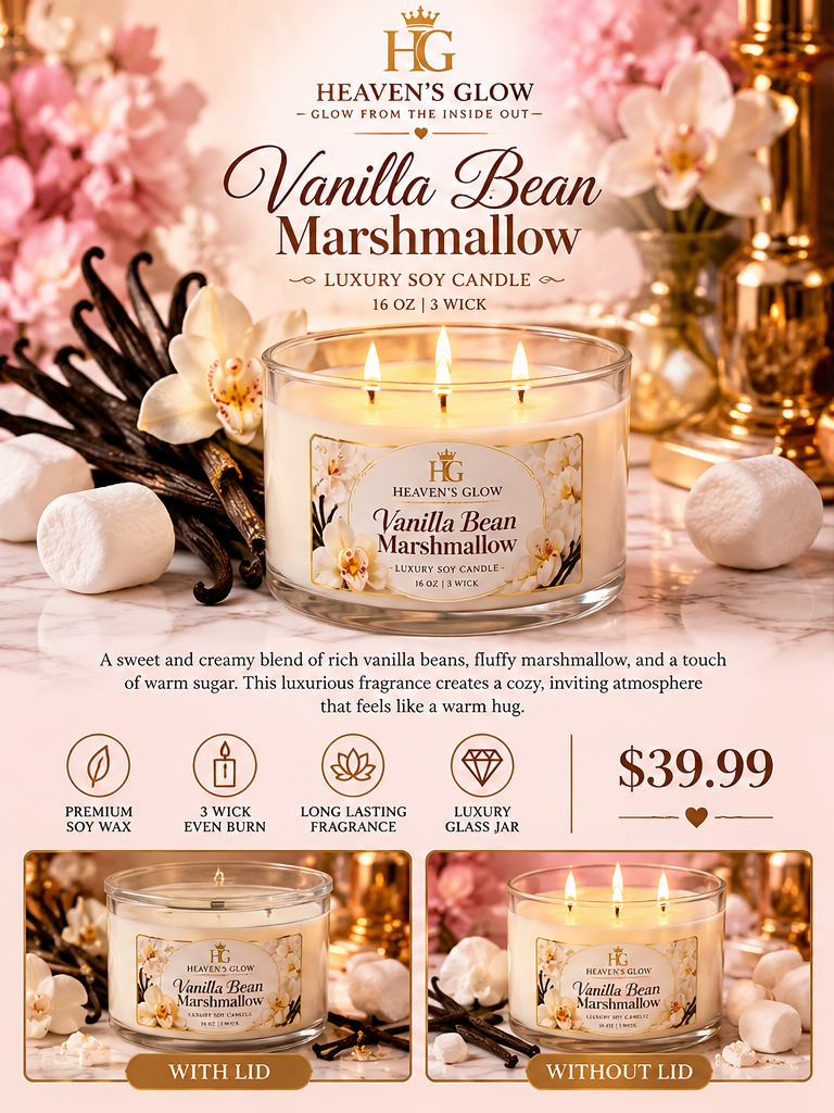 AI-styled promotional illustration of Vanilla three-wick candle, inspired by the real glass vessel. Actual product differs from artwork.
