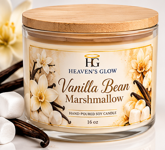 AI-styled illustrative mockup of Heaven's Glow Vanilla Bean Marshmallow candle, closed view; actual product may differ