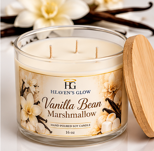 AI-styled illustrative mockup of Heaven's Glow Vanilla Bean Marshmallow candle, open view; actual product may differ
